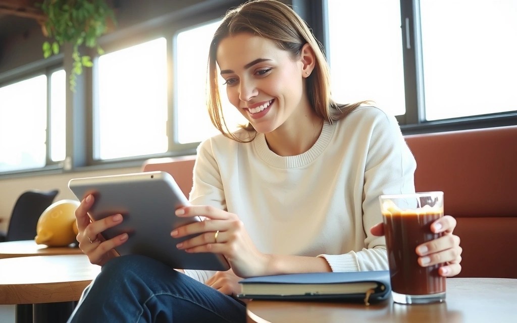 Frau liest Blogartikel auf Tablet