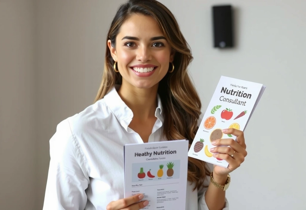 Eine freundliche Beraterin lächelt und hält eine Broschüre, die gesunde Ernährung symbolisiert.