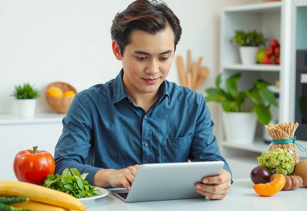 Eine Person liest auf einem Tablet die Allgemeinen Geschäftsbedingungen, umgeben von gesunden Lebensmitteln.