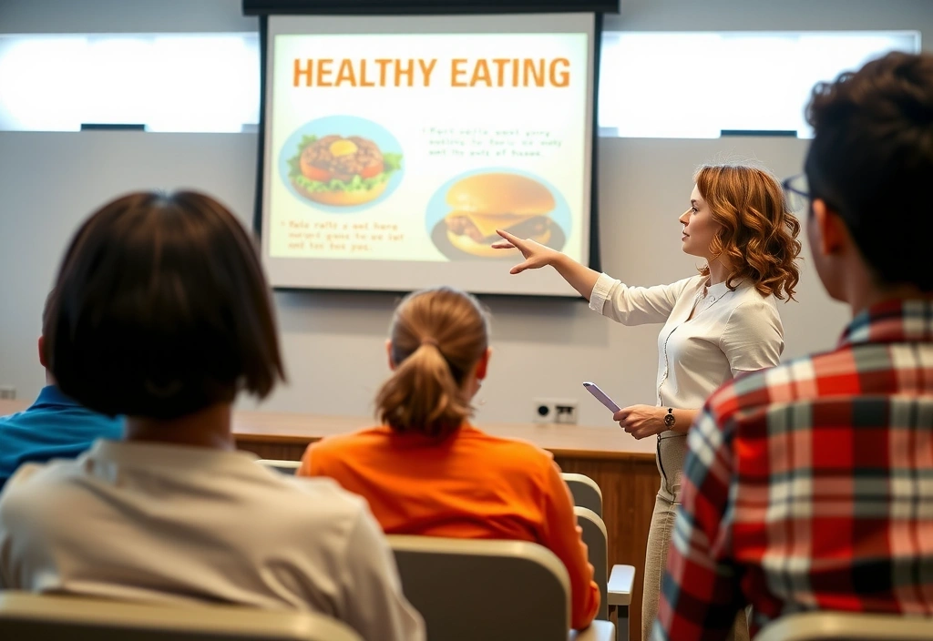 Ernährungsberaterin präsentiert einen Vortrag über gesunde Ernährung